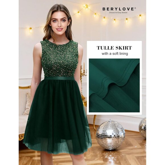 Sequin Dress Women's Tulle Mini Cocktail A Line Sleeveless Formal - Picture 4 of 5